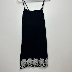 90s Slinky Black Slip Dress with silvery white Floral Hem
